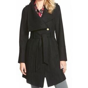 GUESS Womens Asymetrical Belted Wool Trench Coat Sz M Black Moto Goth Military